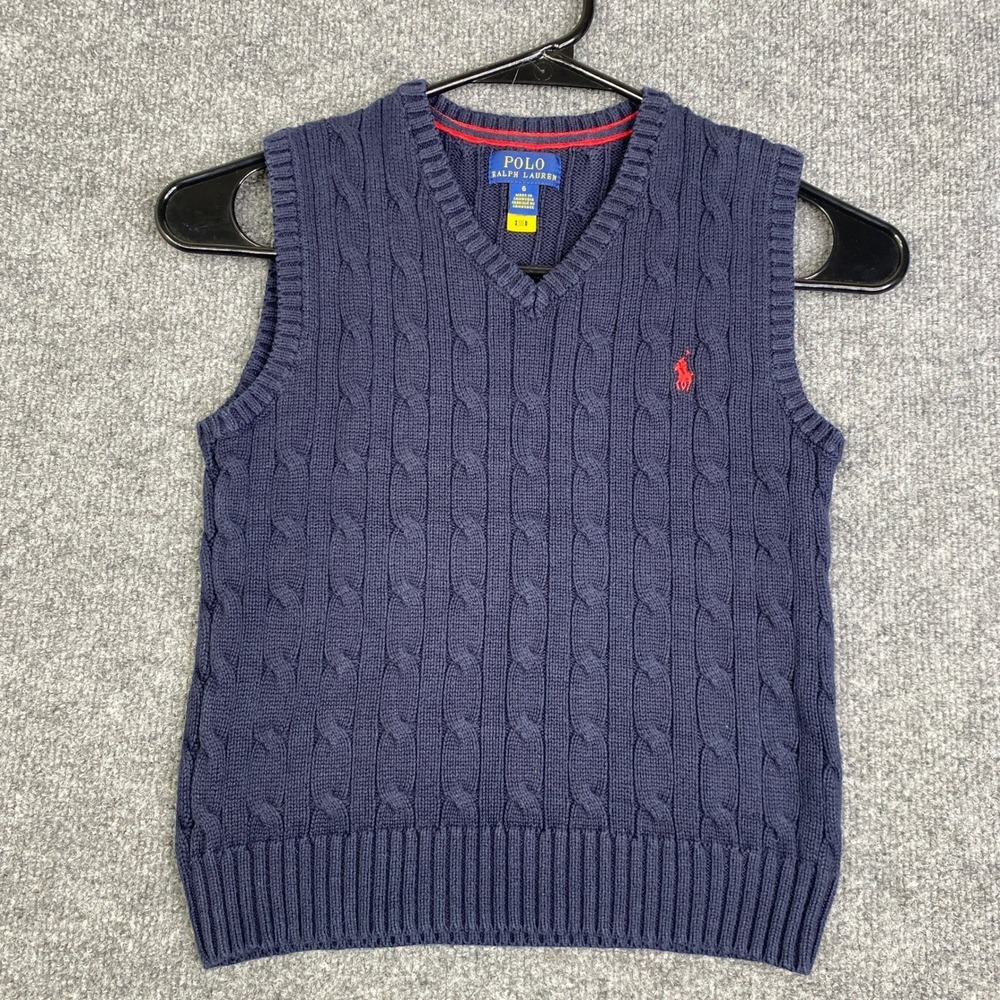 Polo Ralph Lauren Kids Navy Blue Cable Knit Cotton V-Neck Sweater Vest Size 6
